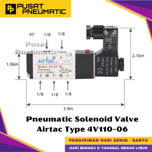 [EZM.9500053] 4V110-06 Pneumatic Solenoid Valve Airtac 4V 110-06 Selenoid Valve Switch Airtac 5/2 Way Single Coil Input Drat 1/8" Inch Type 4V 110 06