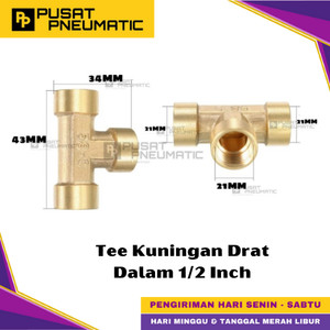 [EZM.9500141] 1/2" Female Thread Tee Fitting Connector 3 Way Brass Nipple Tee Drat Dalam Kuningan Size 1/2 x 1/2 x 1/2 Inch