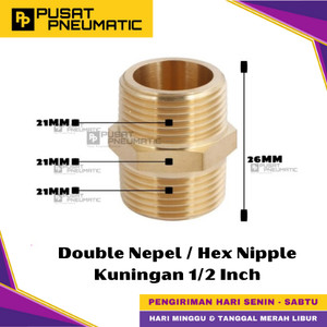[EZM.9500161] 1/2" Male Thread Straight Fitting Connector Double Nepel Brass Hex Nipple Drat Luar Kuningan Size 1/2 x 1/2 Inch