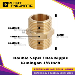 [EZM.9500162] 3/8" Male Thread Straight Fitting Connector Double Nepel Brass Hex Nipple Drat Luar Kuningan Size 3/8 x 3/8 Inch