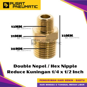 [EZM.9500166] 1/4" x 1/2" Male Thread Straight Fitting Connector Reducer Double Nepel Brass Hex Nipple Reduce Drat Luar Kuningan Size 1/4 x 1/2 Inch
