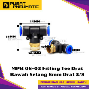 [EZM.9500319] MPB 8-03 One Touch Male Thread T Fitting Slip Lock Socket Push In Connector Nipple Nepel Fitting Tee Pneumatic Type PB Drat Bawah Selang 8mm Drat 3/8" Inch