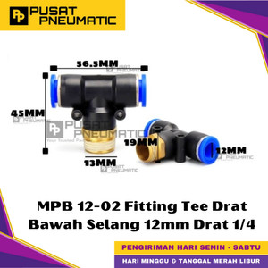 [EZM.9500322] MPB 12-02 One Touch Male Thread T Fitting Slip Lock Socket Push In Connector Nipple Nepel Fitting Tee Pneumatic Type PB Drat Bawah Selang 12mm Drat 1/4" Inch