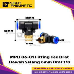 [EZM.9500326] MPB 6-01 One Touch Male Thread T Fitting Slip Lock Socket Push In Connector Nipple Nepel Fitting Tee Pneumatic Type PB Drat Bawah Selang 6mm Drat 1/8" Inch