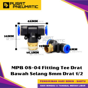 [EZM.9500331] MPB 8-04 One Touch Male Thread T Fitting Slip Lock Socket Push In Connector Nipple Nepel Fitting Tee Pneumatic Type PB Drat Bawah Selang 8mm Drat 1/2" Inch