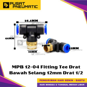 [EZM.9500333] MPB 12-04 One Touch Male Thread T Fitting Slip Lock Socket Push In Connector Nipple Nepel Fitting Tee Pneumatic Type PB Drat Bawah Selang 12mm Drat 1/2" Inch
