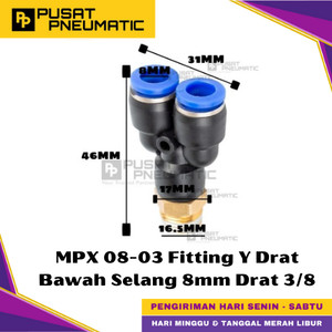 [EZM.9500342] MPX 8-03 One Touch Male Thread Y Fitting Slip Lock Socket Push In Connector Nipple Nepel Fitting Y Pneumatic Type PX Drat Bawah Selang 8mm Drat 3/8" Inch