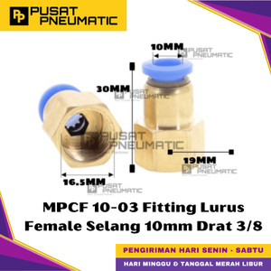 [EZM.9500373] MPCF 10-03 One Touch Female Thread Straight Fitting Slip Lock Socket Push In Connector Nipple Nepel Fitting Lurus Pneumatic Type PCF Drat Dalam Selang 10mm Drat 3/8" Inch