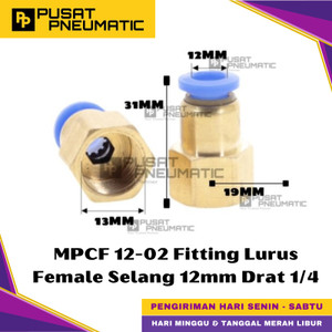 [EZM.9500375] MPCF 12-02 One Touch Female Thread Straight Fitting Slip Lock Socket Push In Connector Nipple Nepel Fitting Lurus Pneumatic Type PCF Drat Dalam Selang 12mm Drat 1/4" Inch