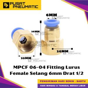 [EZM.9500378] MPCF 6-04 One Touch Female Thread Straight Fitting Slip Lock Socket Push In Connector Nipple Nepel Fitting Lurus Pneumatic Type PCF Drat Dalam Selang 6mm Drat 1/2" Inch