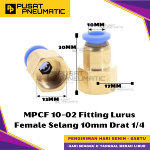 [EZM.9500379] MPCF 10-02 One Touch Female Thread Straight Fitting Slip Lock Socket Push In Connector Nipple Nepel Fitting Lurus Pneumatic Type PCF Drat Dalam Selang 10mm Drat 1/4" Inch