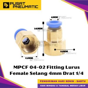 [EZM.9500380] MPCF 4-02 One Touch Female Thread Straight Fitting Slip Lock Socket Push In Connector Nipple Nepel Fitting Lurus Pneumatic Type PCF Drat Dalam Selang 4mm Drat 1/4" Inch