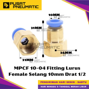 [EZM.9500381] MPCF 10-04 One Touch Female Thread Straight Fitting Slip Lock Socket Push In Connector Nipple Nepel Fitting Lurus Pneumatic Type PCF Drat Dalam Selang 10mm Drat 1/2" Inch