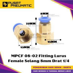[EZM.9500383] MPCF 8-02 One Touch Female Thread Straight Fitting Slip Lock Socket Push In Connector Nipple Nepel Fitting Lurus Pneumatic Type PCF Drat Dalam Selang 8mm Drat 1/4" Inch
