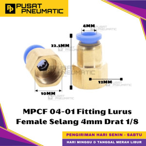 [EZM.9500384] MPCF 4-01 One Touch Female Thread Straight Fitting Slip Lock Socket Push In Connector Nipple Nepel Fitting Lurus Pneumatic Type PCF Drat Dalam Selang 4mm Drat 1/8" Inch