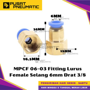 [EZM.9500385] MPCF 6-03 One Touch Female Thread Straight Fitting Slip Lock Socket Push In Connector Nipple Nepel Fitting Lurus Pneumatic Type PCF Drat Dalam Selang 6mm Drat 3/8" Inch