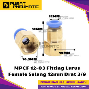 [EZM.9500388] MPCF 12-03 One Touch Female Thread Straight Fitting Slip Lock Socket Push In Connector Nipple Nepel Fitting Lurus Pneumatic Type PCF Drat Dalam Selang 12mm Drat 3/8" Inch