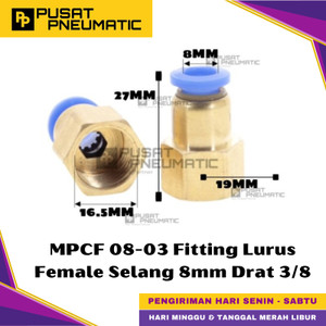 [EZM.9500389] MPCF 8-03 One Touch Female Thread Straight Fitting Slip Lock Socket Push In Connector Nipple Nepel Fitting Lurus Pneumatic Type PCF Drat Dalam Selang 8mm Drat 3/8" Inch