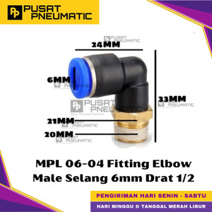 [EZM.9500411] MPL 6-04 One Touch Male Thread Elbow Fitting Slip Lock Socket Push In Connector Nipple Nepel Fitting Elbow Pneumatic Type PL Drat Luar Selang 6mm Drat 1/2" Inch