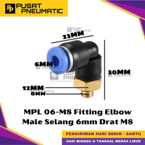 [EZM.9500414] MPL 6-M8 One Touch Male Thread Elbow Fitting Slip Lock Socket Push In Connector Nipple Nepel Fitting Elbow Pneumatic Type PL Drat Luar Selang 6mm Drat M8 (8mm)