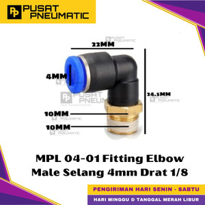 [EZM.9500415] MPL 4-01 One Touch Male Thread Elbow Fitting Slip Lock Socket Push In Connector Nipple Nepel Fitting Elbow Pneumatic Type PL Drat Luar Selang 4mm Drat 1/8" Inch