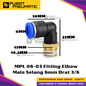 [EZM.9500416] MPL 8-03 One Touch Male Thread Elbow Fitting Slip Lock Socket Push In Connector Nipple Nepel Fitting Elbow Pneumatic Type PL Drat Luar Selang 8mm Drat 3/8" Inch