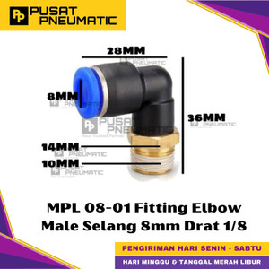 [EZM.9500417] MPL 8-01 One Touch Male Thread Elbow Fitting Slip Lock Socket Push In Connector Nipple Nepel Fitting Elbow Pneumatic Type PL Drat Luar Selang 8mm Drat 1/8" Inch