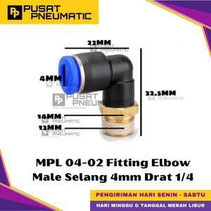 [EZM.9500419] MPL 4-02 One Touch Male Thread Elbow Fitting Slip Lock Socket Push In Connector Nipple Nepel Fitting Elbow Pneumatic Type PL Drat Luar Selang 4mm Drat 1/4" Inch