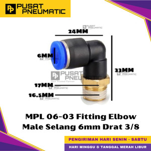 [EZM.9500420] MPL 6-03 One Touch Male Thread Elbow Fitting Slip Lock Socket Push In Connector Nipple Nepel Fitting Elbow Pneumatic Type PL Drat Luar Selang 6mm Drat 3/8" Inch