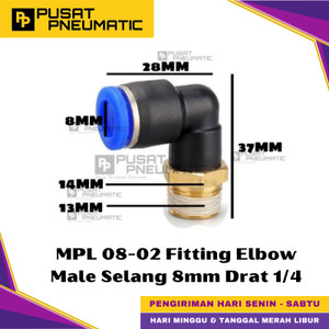 [EZM.9500421] MPL 8-02 One Touch Male Thread Elbow Fitting Slip Lock Socket Push In Connector Nipple Nepel Fitting Elbow Pneumatic Type PL Drat Luar Selang 8mm Drat 1/4" Inch