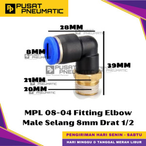 [EZM.9500422] MPL 8-04 One Touch Male Thread Elbow Fitting Slip Lock Socket Push In Connector Nipple Nepel Fitting Elbow Pneumatic Type PL Drat Luar Selang 8mm Drat 1/2" Inch