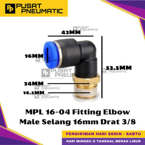 [EZM.9500423] MPL 16-03 One Touch Male Thread Elbow Fitting Slip Lock Socket Push In Connector Nipple Nepel Fitting Elbow Pneumatic Type PL Drat Luar Selang 16mm Drat 3/8" Inch