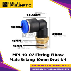 [EZM.9500424] MPL 10-02 One Touch Male Thread Elbow Fitting Slip Lock Socket Push In Connector Nipple Nepel Fitting Elbow Pneumatic Type PL Drat Luar Selang 10mm Drat 1/4" Inch