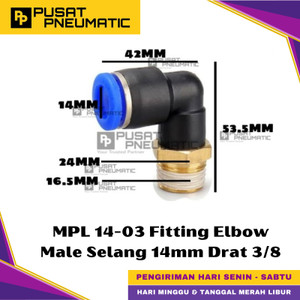 [EZM.9500426] MPL 14-03 One Touch Male Thread Elbow Fitting Slip Lock Socket Push In Connector Nipple Nepel Fitting Elbow Pneumatic Type PL Drat Luar Selang 14mm Drat 3/8" Inch
