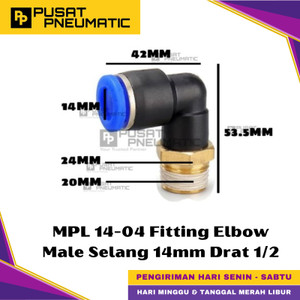 [EZM.9500427] MPL 14-04 One Touch Male Thread Elbow Fitting Slip Lock Socket Push In Connector Nipple Nepel Fitting Elbow Pneumatic Type PL Drat Luar Selang 14mm Drat 1/2" Inch