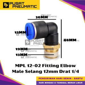 [EZM.9500428] MPL 12-02 One Touch Male Thread Elbow Fitting Slip Lock Socket Push In Connector Nipple Nepel Fitting Elbow Pneumatic Type PL Drat Luar Selang 12mm Drat 1/4" Inch