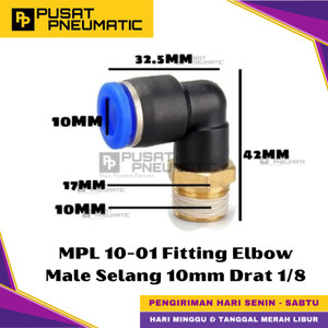 [EZM.9500431] MPL 10-01 One Touch Male Thread Elbow Fitting Slip Lock Socket Push In Connector Nipple Nepel Fitting Elbow Pneumatic Type PL Drat Luar Selang 10mm Drat 1/8" Inch