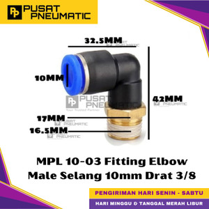 [EZM.9500432] MPL 10-03 One Touch Male Thread Elbow Fitting Slip Lock Socket Push In Connector Nipple Nepel Fitting Elbow Pneumatic Type PL Drat Luar Selang 10mm Drat 3/8" Inch
