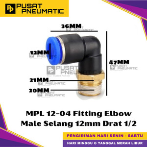 [EZM.9500433] MPL 12-04 One Touch Male Thread Elbow Fitting Slip Lock Socket Push In Connector Nipple Nepel Fitting Elbow Pneumatic Type PL Drat Luar Selang 12mm Drat 1/2" Inch