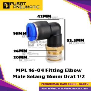 [EZM.9500434] MPL 16-04 One Touch Male Thread Elbow Fitting Slip Lock Socket Push In Connector Nipple Nepel Fitting Elbow Pneumatic Type PL Drat Luar Selang 16mm Drat 1/2" Inch