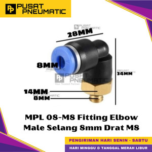 [EZM.9500435] MPL 8-M8 One Touch Male Thread Elbow Fitting Slip Lock Socket Push In Connector Nipple Nepel Fitting Elbow Pneumatic Type PL Drat Luar Selang 8mm Drat M8 (8mm)