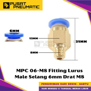 [EZM.9500438] MPC 6-M8 One Touch Male Thread Straight Fitting Slip Lock Socket Push In Connector Nipple Nepel Fitting Lurus Pneumatic Type PC Drat Luar Selang 6mm Drat M8 (8mm)