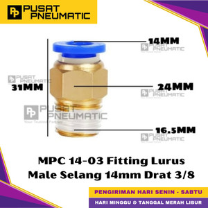 [EZM.9500439] MPC 14-03 One Touch Male Thread Straight Fitting Slip Lock Socket Push In Connector Nipple Nepel Fitting Lurus Pneumatic Type PC Drat Luar Selang 14mm Drat 3/8" Inch