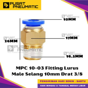 [EZM.9500441] MPC 10-03 One Touch Male Thread Straight Fitting Slip Lock Socket Push In Connector Nipple Nepel Fitting Lurus Pneumatic Type PC Drat Luar Selang 10mm Drat 3/8" Inch