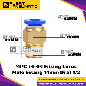 [EZM.9500442] MPC 14-04 One Touch Male Thread Straight Fitting Slip Lock Socket Push In Connector Nipple Nepel Fitting Lurus Pneumatic Type PC Drat Luar Selang 14mm Drat 1/2" Inch
