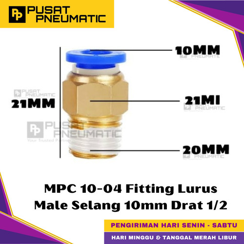 [EZM.9500444] MPC 10-04 One Touch Male Thread Straight Fitting Slip Lock Socket Push In Connector Nipple Nepel Fitting Lurus Pneumatic Type PC Drat Luar Selang 10mm Drat 1/2" Inch
