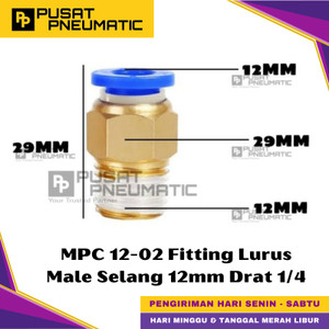 [EZM.9500445] MPC 12-02 One Touch Male Thread Straight Fitting Slip Lock Socket Push In Connector Nipple Nepel Fitting Lurus Pneumatic Type PC Drat Luar Selang 12mm Drat 1/4" Inch