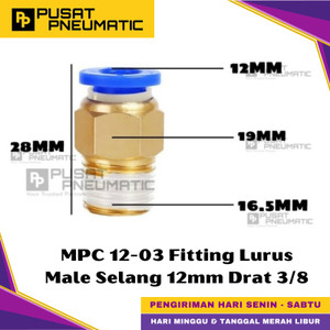 [EZM.9500446] MPC 12-03 One Touch Male Thread Straight Fitting Slip Lock Socket Push In Connector Nipple Nepel Fitting Lurus Pneumatic Type PC Drat Luar Selang 12mm Drat 3/8" Inch