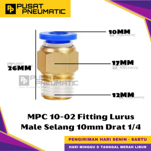 [EZM.9500447] MPC 10-02 One Touch Male Thread Straight Fitting Slip Lock Socket Push In Connector Nipple Nepel Fitting Lurus Pneumatic Type PC Drat Luar Selang 10mm Drat 1/4" Inch