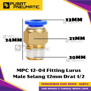 [EZM.9500448] MPC 12-04 One Touch Male Thread Straight Fitting Slip Lock Socket Push In Connector Nipple Nepel Fitting Lurus Pneumatic Type PC Drat Luar Selang 12mm Drat 1/2" Inch